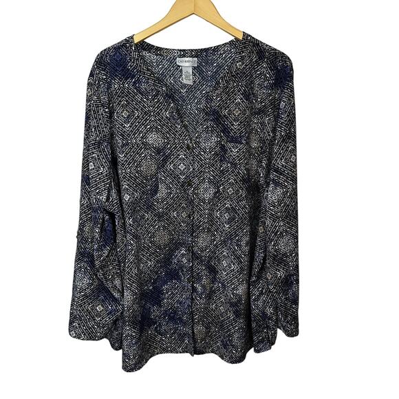 Catherines Button Up Shirt 26/28W Top Womens 3X Blue Tan White Pockets V Neck - Picture 1 of 8